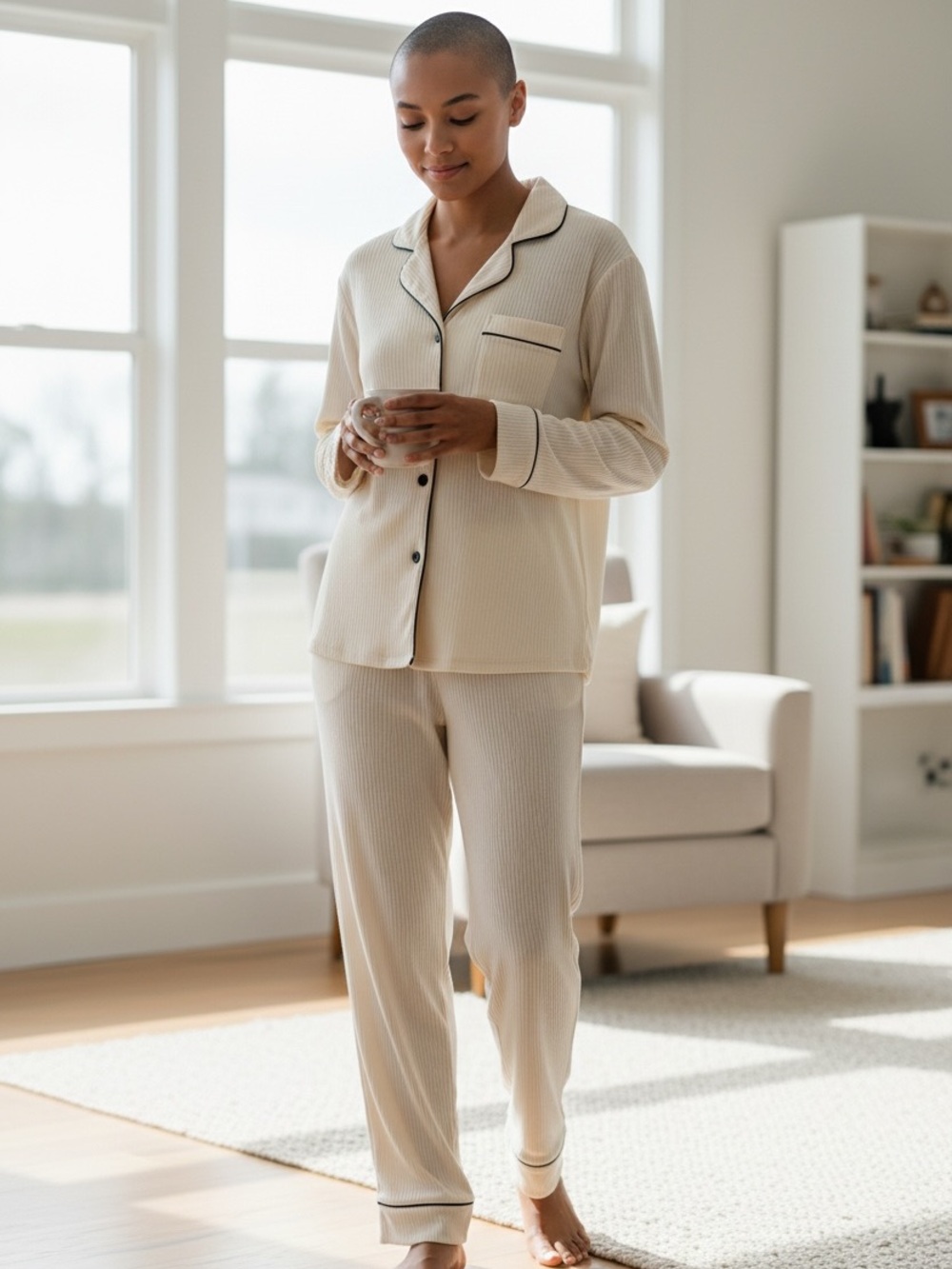 BOMBAY notch collar ribbed pajamas